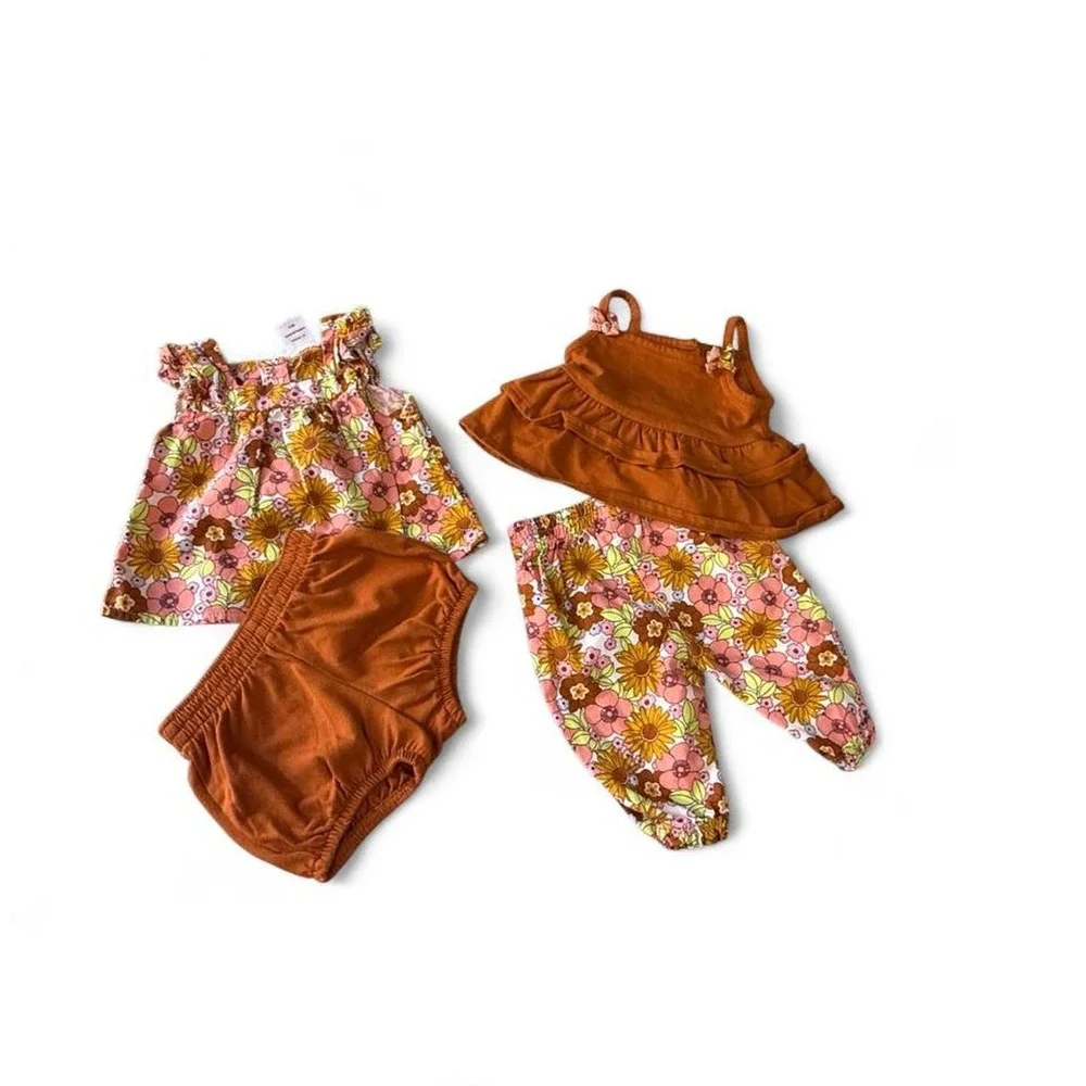 Wonder Nation Baby Girl 4 Piece Floral Outfit Set Rust Pink Boho 0-3M